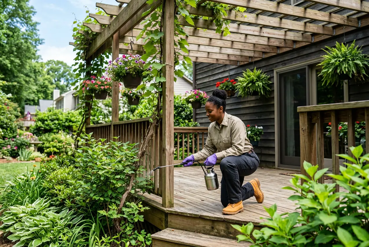 Canal Town Pest Solutions technician treating a residential deck and landscape