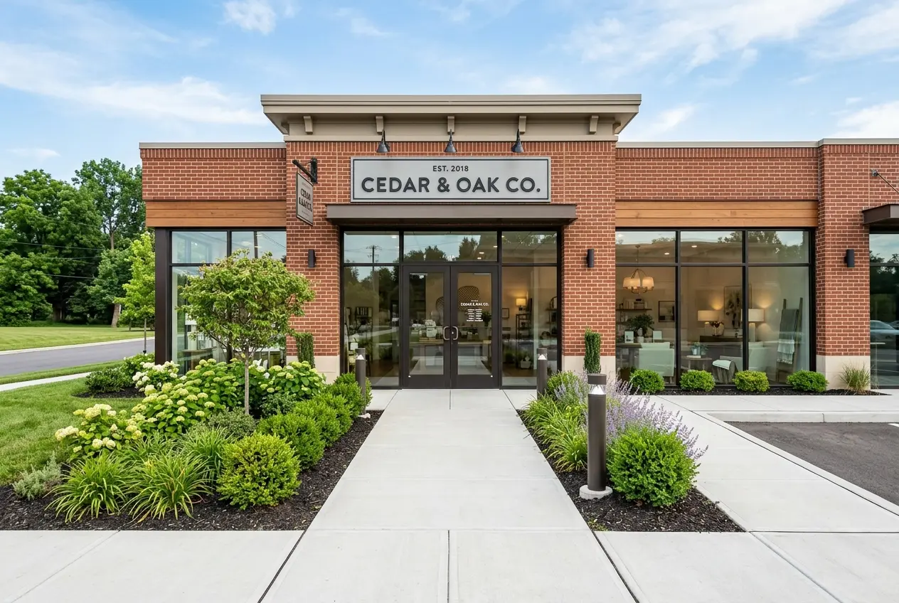 A commercial storefront and walkway maintained on a routine service visit