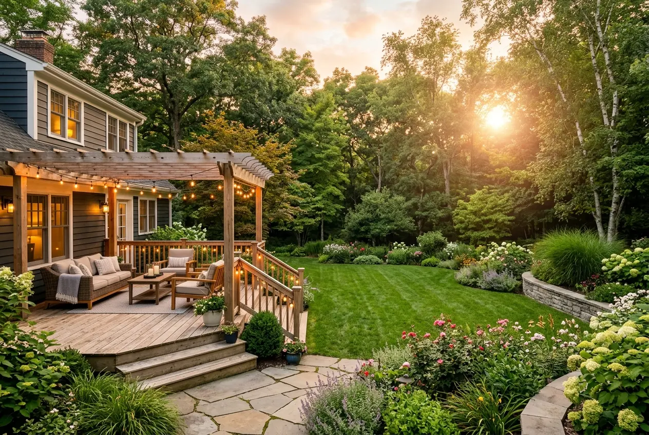 A quiet Chesapeake City backyard at golden hour after a mosquito and tick treatment
