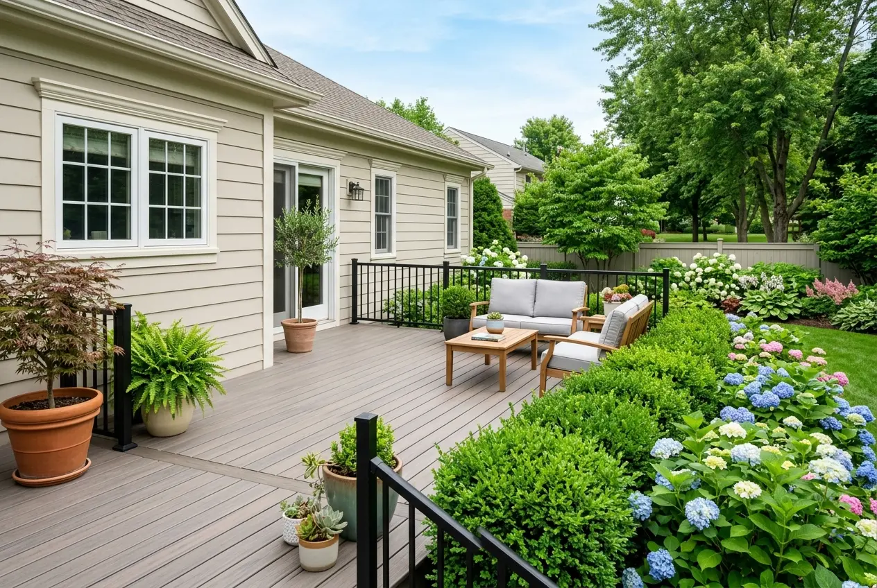 A residential deck and trimmed shrubs kept clean and pest-free