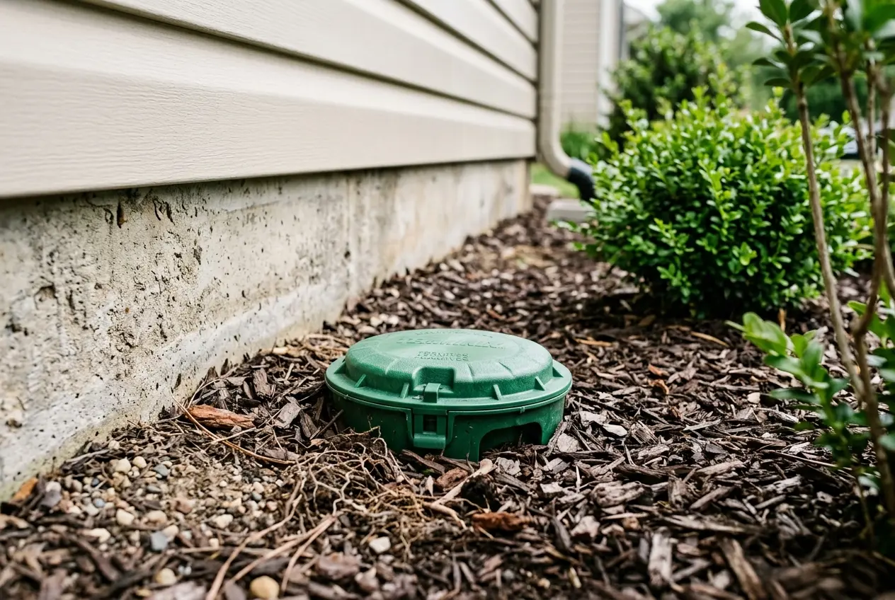 A termite bait station installed along the foundation of a Maryland home